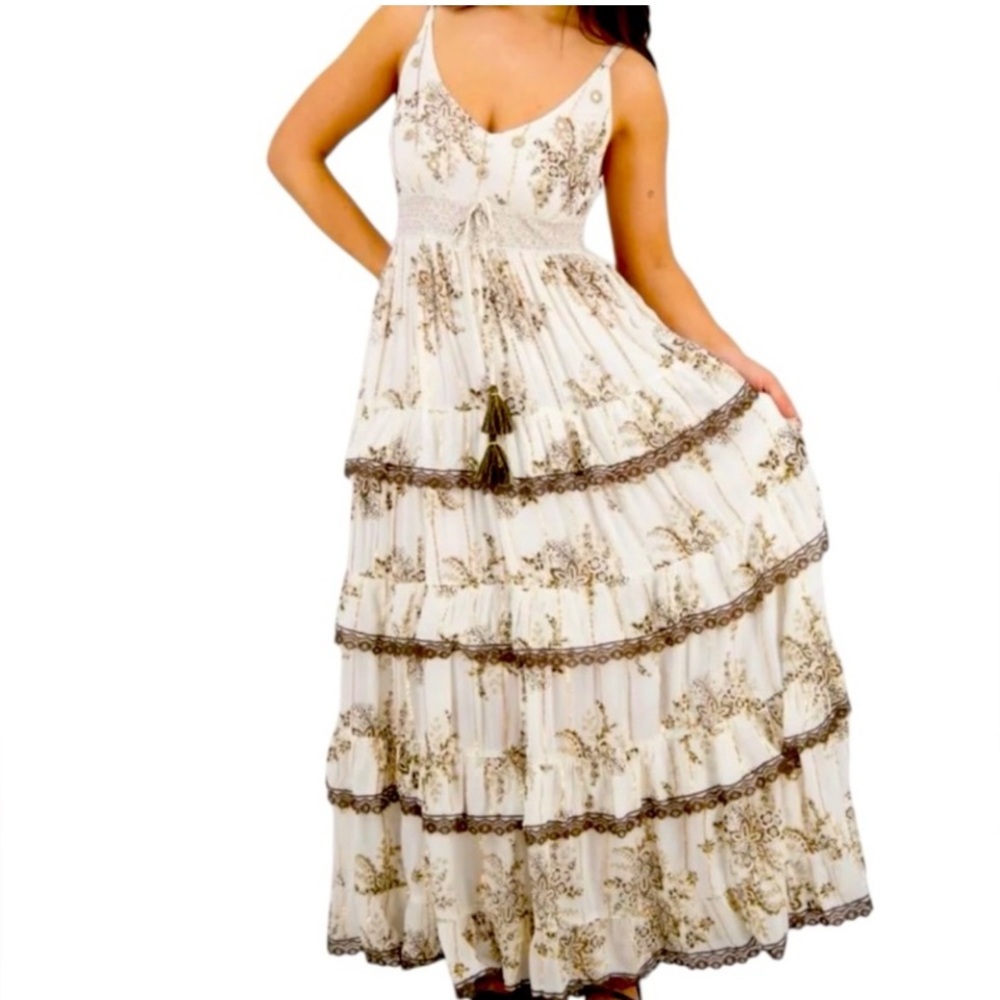 Advance Apparels Cream and Brown Floral Maxi Dress